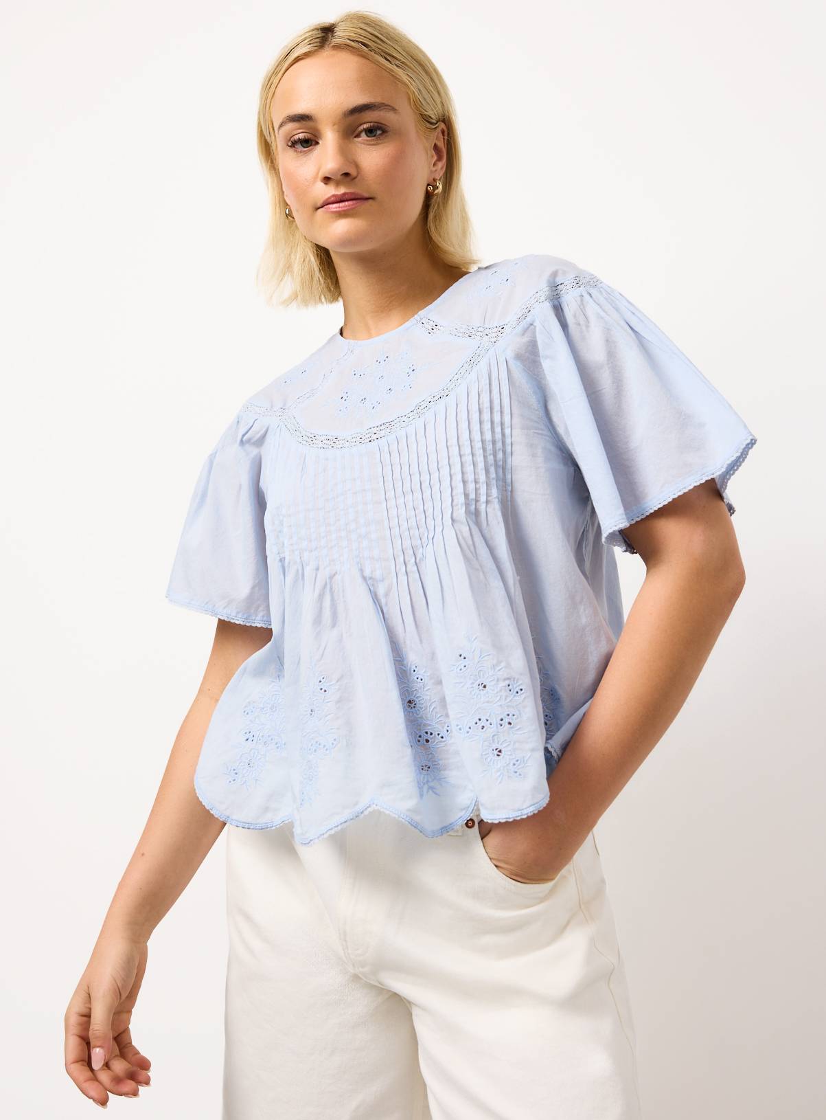 Light Blue Mesh Pintuck Short Sleeve Blouse 16 - Image 1